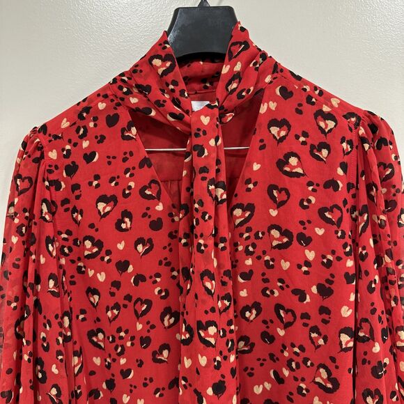 Chico's Blouse Size 3 16 XL Red Printed Chiffon Tie Bow Neck Balloon Sleeve - Picture 4 of 10